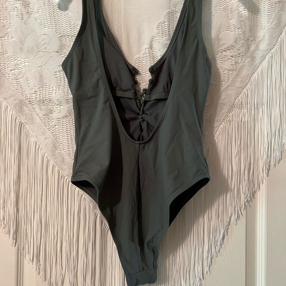 OLIVE GREEN LACE UP SCOOP BACK ONE PIECE BATHING SUIT - Picture 6 of 8